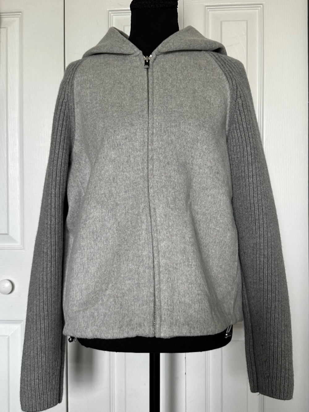Theory Ribbed Sleeve Hoodie in Double-Face Wool-Cashmere, Size Small, Gray
